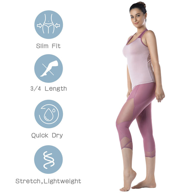 Womens Running Tights Mid-Waist 3/4 Length Tummy Control Mesh Leggings– All  About Socks